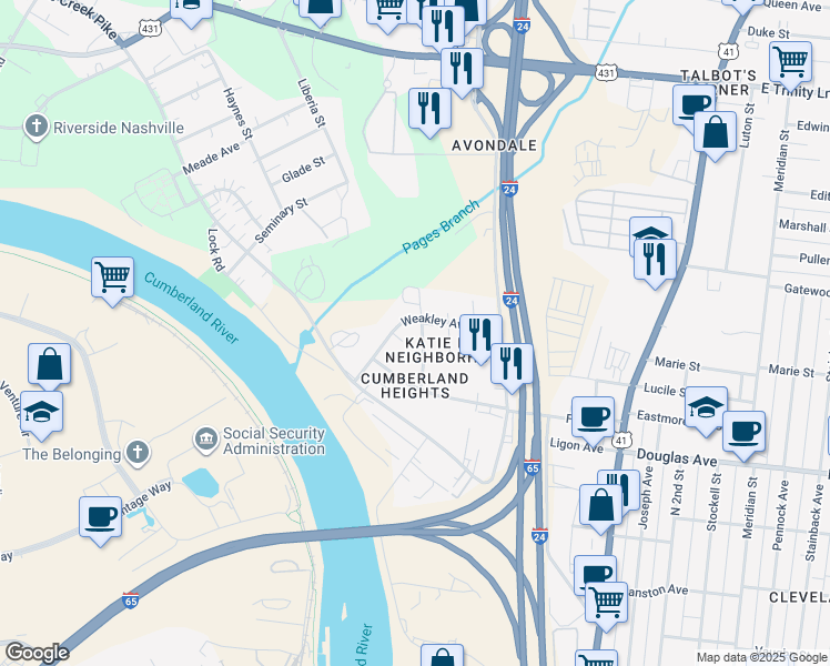map of restaurants, bars, coffee shops, grocery stores, and more near 506 Vester Avenue in Nashville