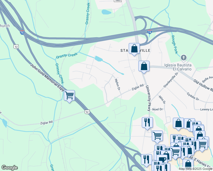 map of restaurants, bars, coffee shops, grocery stores, and more near 5769 Fox Chase Drive in Winston-Salem