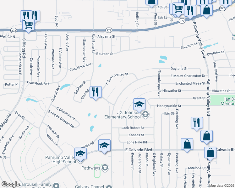 map of restaurants, bars, coffee shops, grocery stores, and more near 730 Mount Charleston Drive in Pahrump