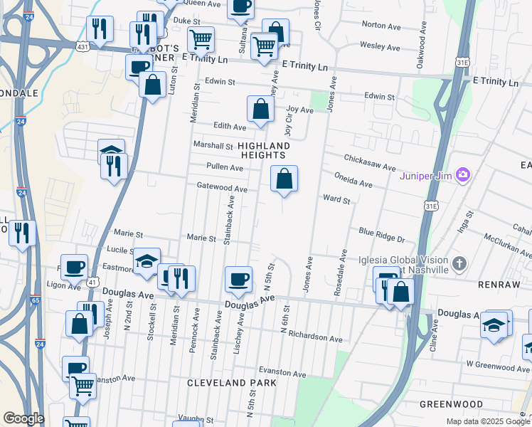 map of restaurants, bars, coffee shops, grocery stores, and more near 1421 Lischey Ave in Nashville