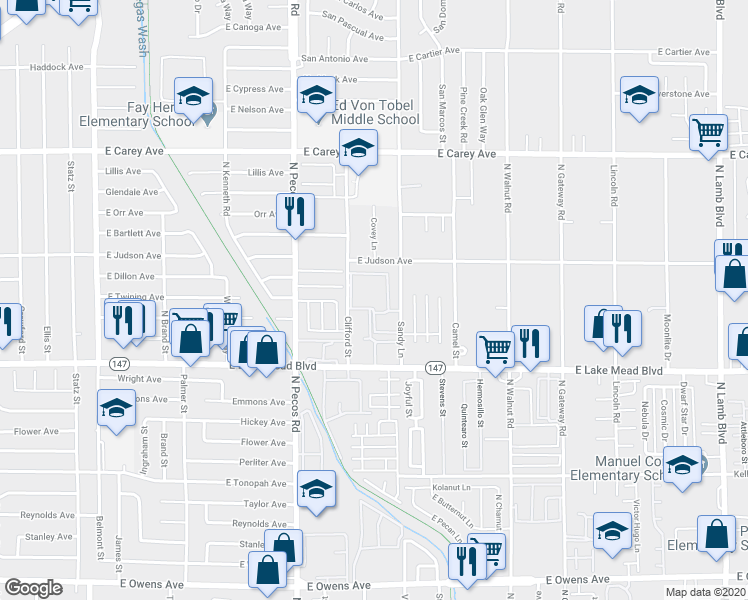 map of restaurants, bars, coffee shops, grocery stores, and more near 2101 Sandy Lane in Las Vegas
