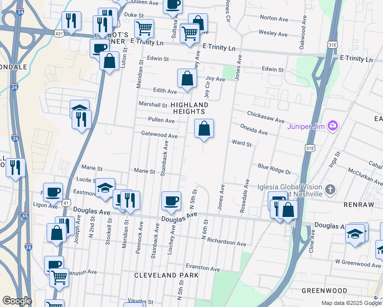 map of restaurants, bars, coffee shops, grocery stores, and more near 1421 Lischey Avenue in Nashville