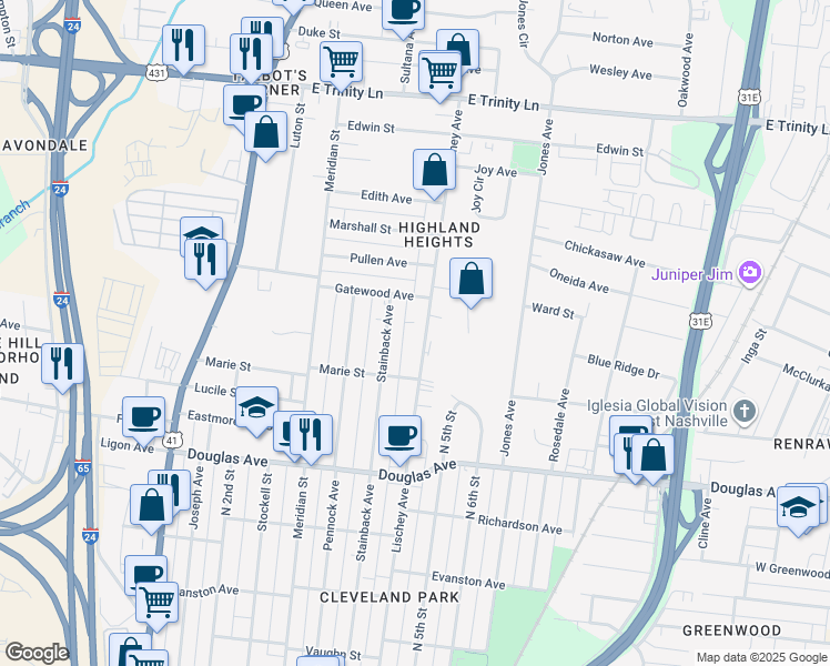 map of restaurants, bars, coffee shops, grocery stores, and more near 1422 Lischey Avenue in Nashville