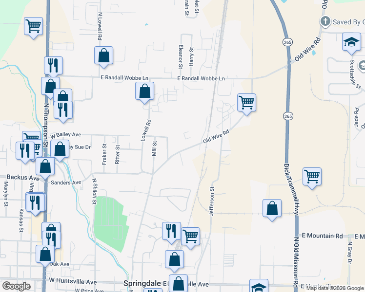 map of restaurants, bars, coffee shops, grocery stores, and more near 360 Old Wire Road in Springdale
