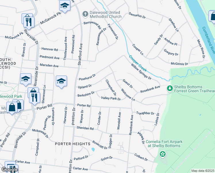 map of restaurants, bars, coffee shops, grocery stores, and more near 1808 Cloverleaf Drive in Nashville