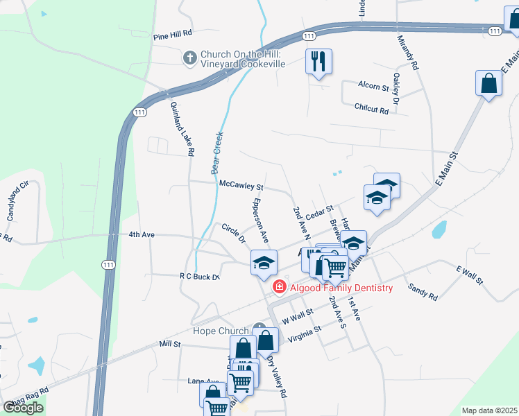 map of restaurants, bars, coffee shops, grocery stores, and more near 198 Epperson Avenue in Cookeville
