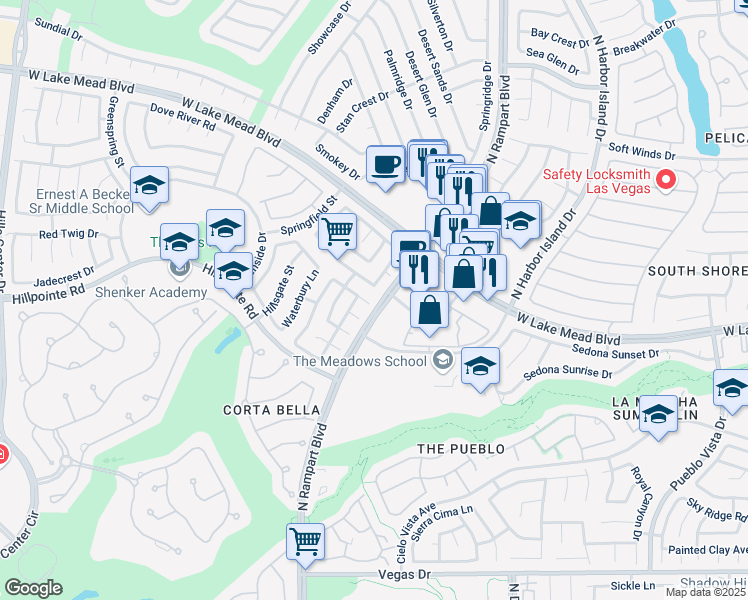 map of restaurants, bars, coffee shops, grocery stores, and more near 8700 Crescent Ridge Lane in Las Vegas