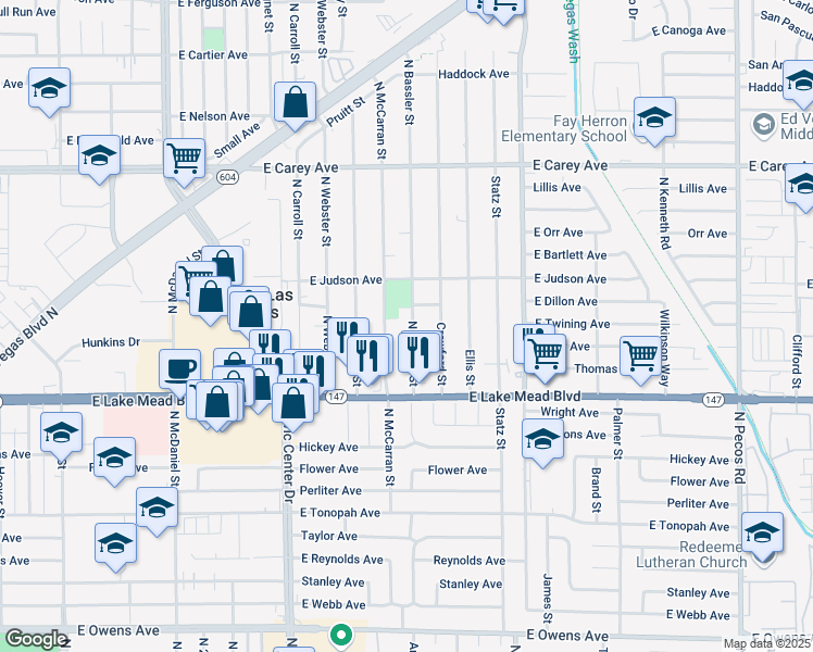 map of restaurants, bars, coffee shops, grocery stores, and more near 2121 Bassler Street in North Las Vegas