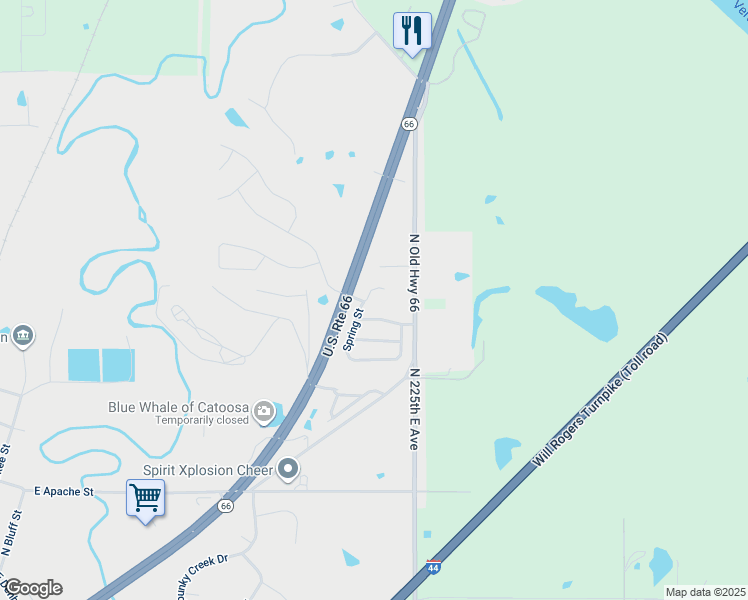 map of restaurants, bars, coffee shops, grocery stores, and more near 3037 Spring Street in Catoosa
