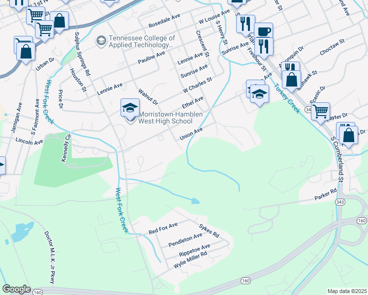 map of restaurants, bars, coffee shops, grocery stores, and more near 1323 Walnut Drive in Morristown