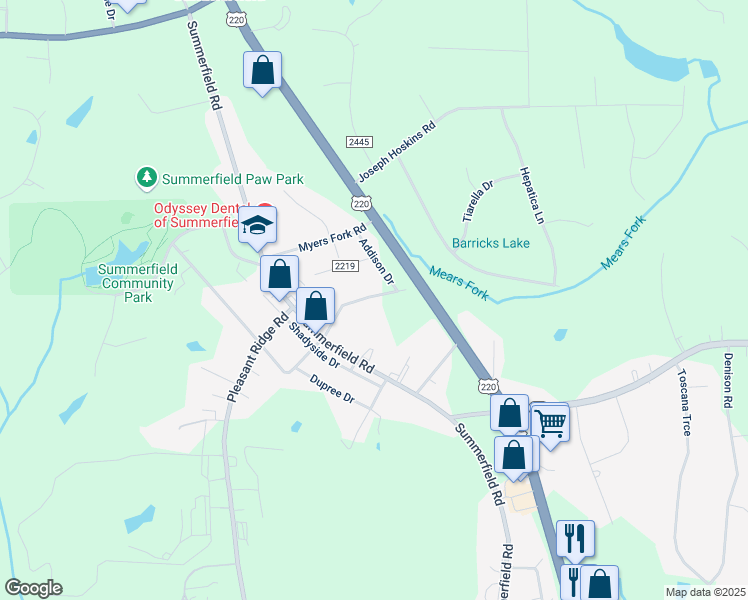 map of restaurants, bars, coffee shops, grocery stores, and more near 4911 Rhondan Road in Summerfield