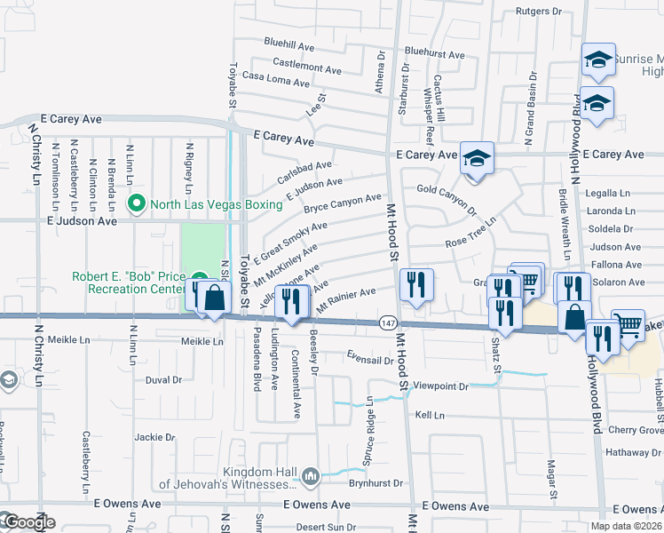 map of restaurants, bars, coffee shops, grocery stores, and more near 6137 Yellowstone Avenue in Las Vegas