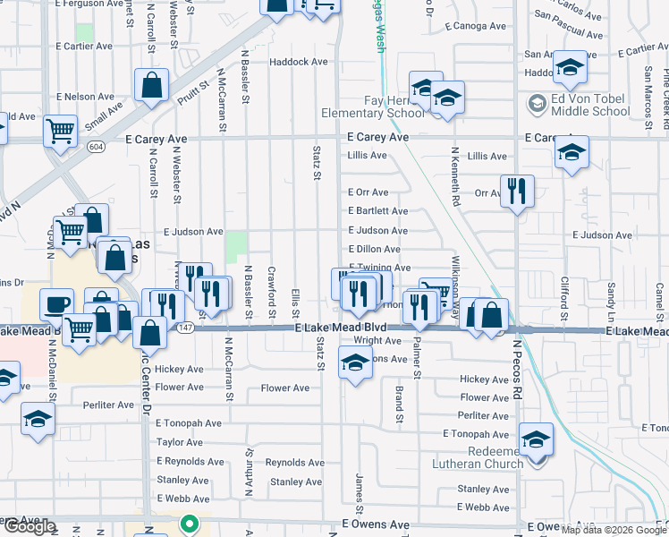 map of restaurants, bars, coffee shops, grocery stores, and more near 2 Belmont Street in North Las Vegas