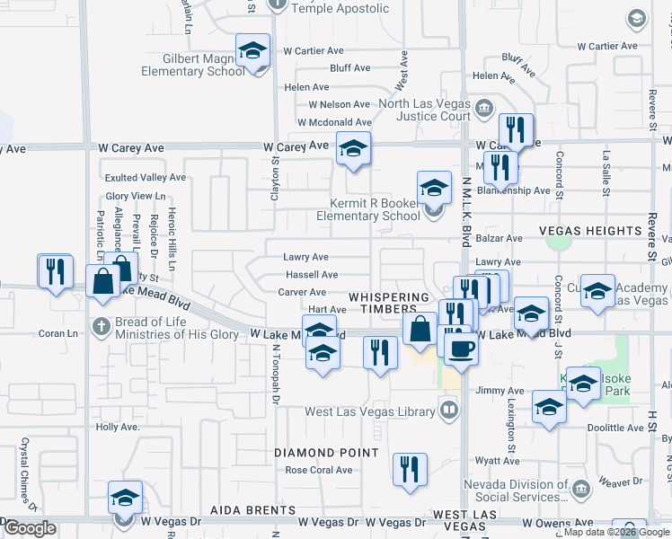 map of restaurants, bars, coffee shops, grocery stores, and more near 1928 Hassell Avenue in North Las Vegas