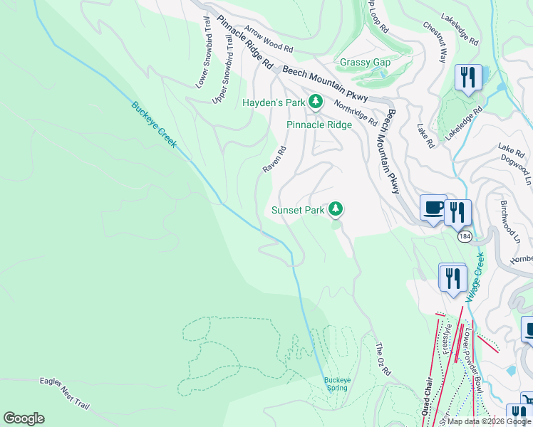 map of restaurants, bars, coffee shops, grocery stores, and more near 143 Raven Road in Beech Mountain