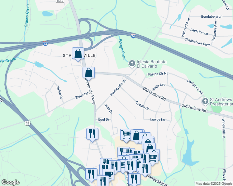 map of restaurants, bars, coffee shops, grocery stores, and more near 5755 Stanleyville Drive in Winston-Salem