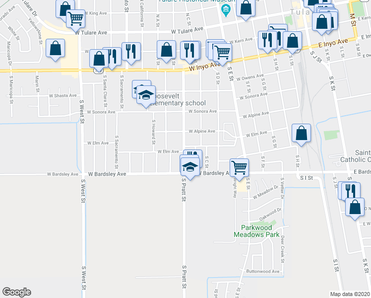 map of restaurants, bars, coffee shops, grocery stores, and more near 700 South Pratt Street in Tulare