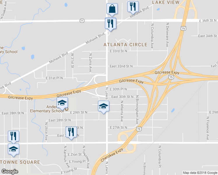 map of restaurants, bars, coffee shops, grocery stores, and more near 3031 North Lewis Avenue in Tulsa