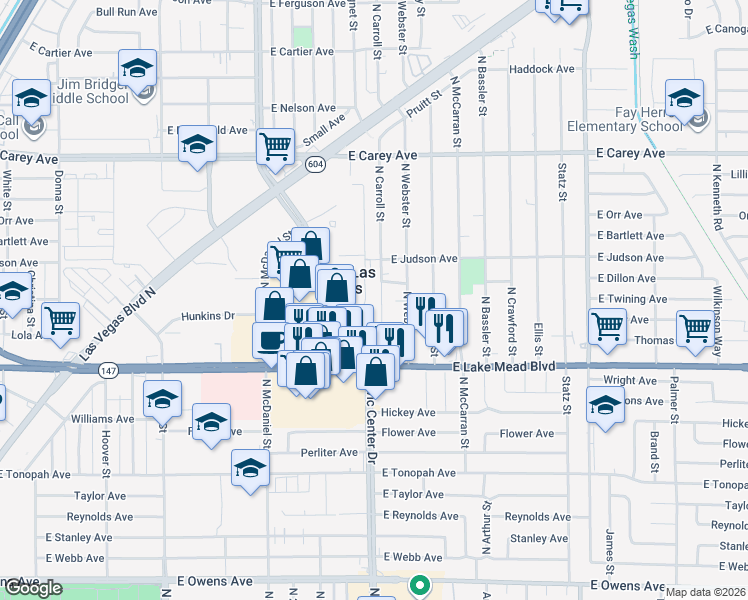 map of restaurants, bars, coffee shops, grocery stores, and more near 2121 North Carroll Street in North Las Vegas