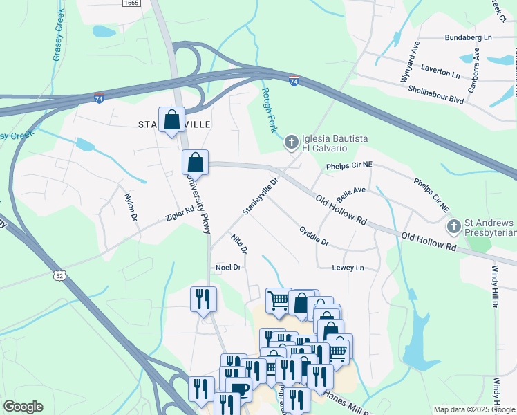 map of restaurants, bars, coffee shops, grocery stores, and more near 5755 Stanleyville Drive in Winston-Salem