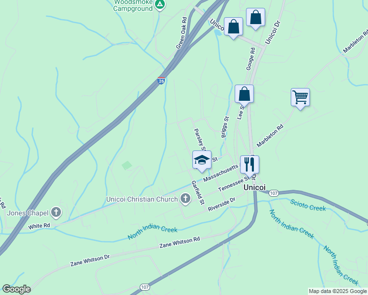 map of restaurants, bars, coffee shops, grocery stores, and more near 131 Mountain View Road in Unicoi