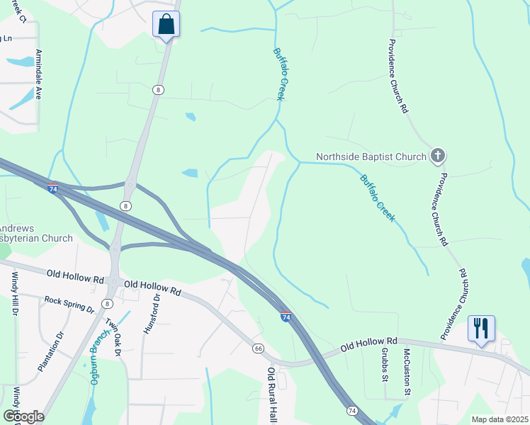 map of restaurants, bars, coffee shops, grocery stores, and more near 5795 Merrydale Drive in Winston-Salem