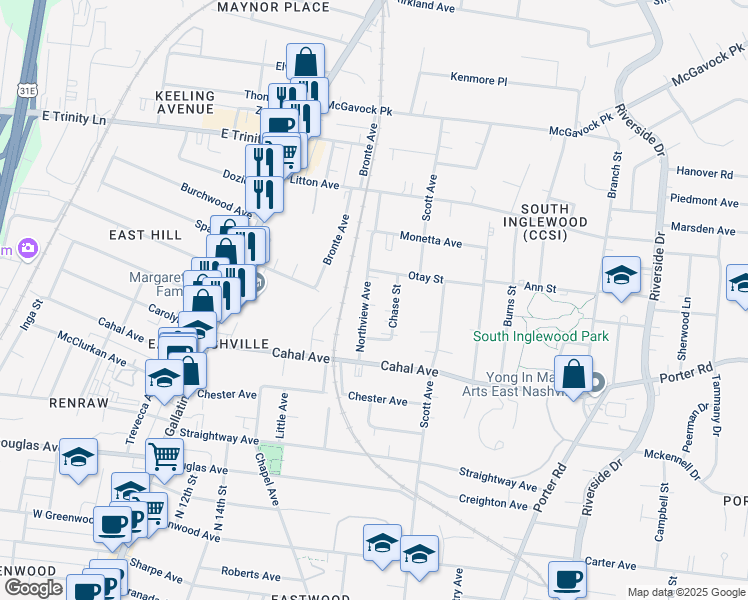 map of restaurants, bars, coffee shops, grocery stores, and more near 1628B Chase Street in Nashville