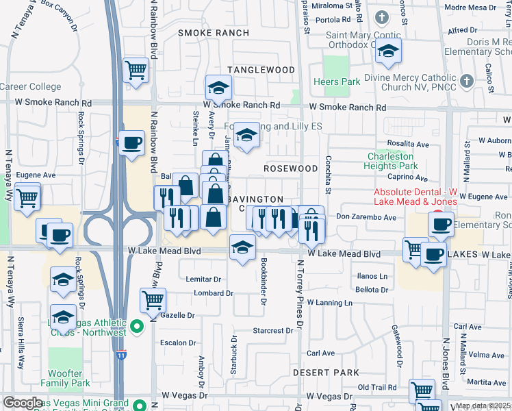 map of restaurants, bars, coffee shops, grocery stores, and more near 2108 Willowbury Drive in Las Vegas