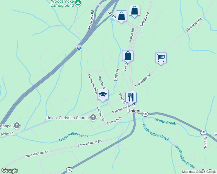 map of restaurants, bars, coffee shops, grocery stores, and more near 506 Virginia Street in Unicoi