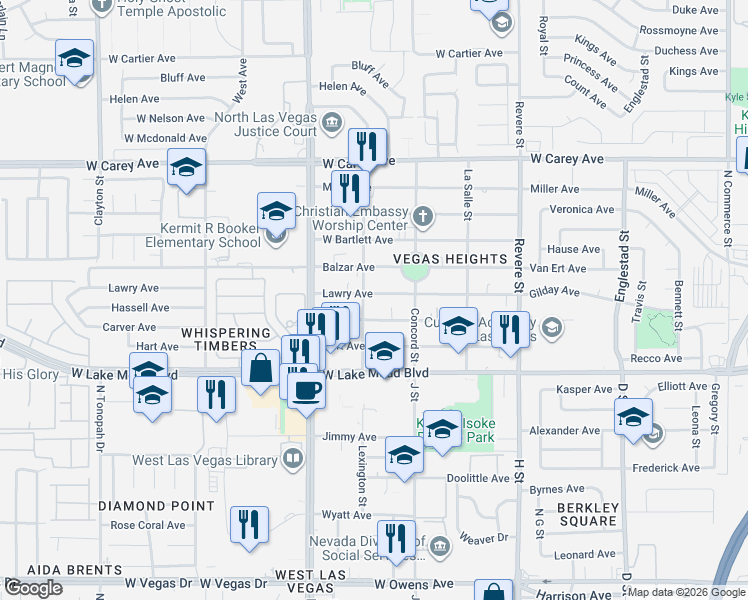 map of restaurants, bars, coffee shops, grocery stores, and more near 1261 Lawry Avenue in Las Vegas