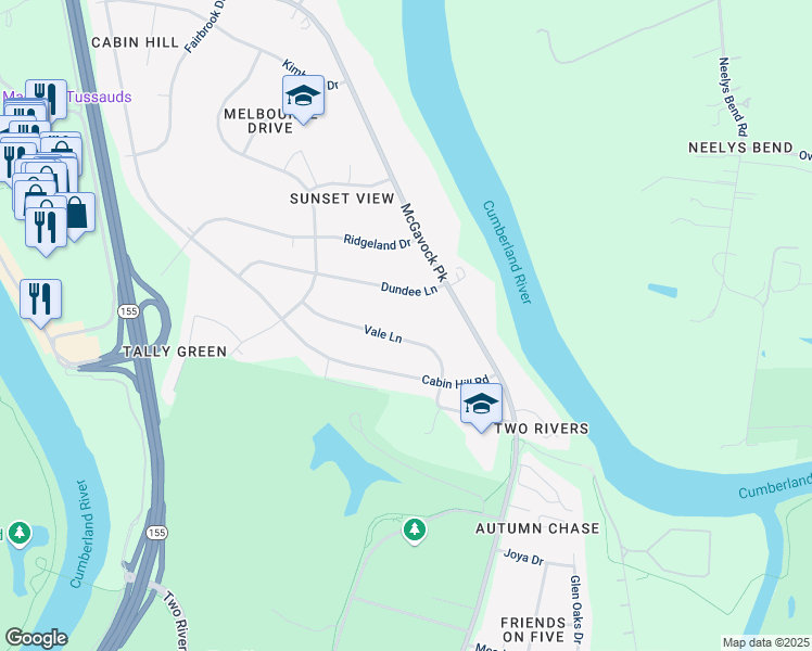 map of restaurants, bars, coffee shops, grocery stores, and more near 2426 Vale Lane in Nashville