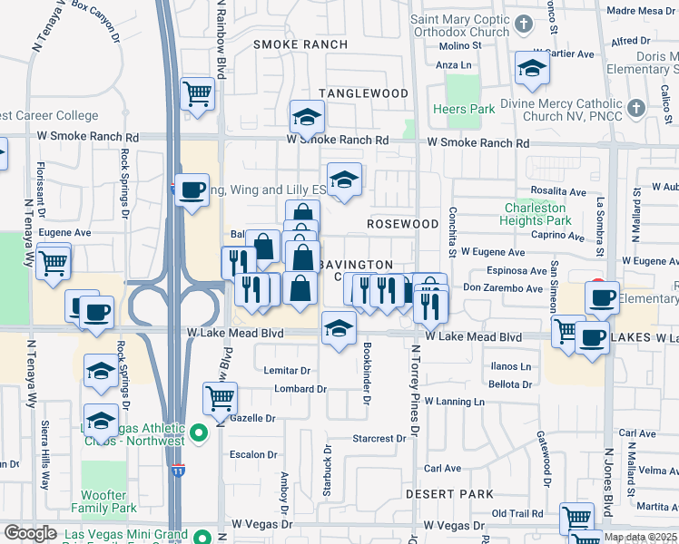map of restaurants, bars, coffee shops, grocery stores, and more near 2109 Willowbury Drive in Las Vegas