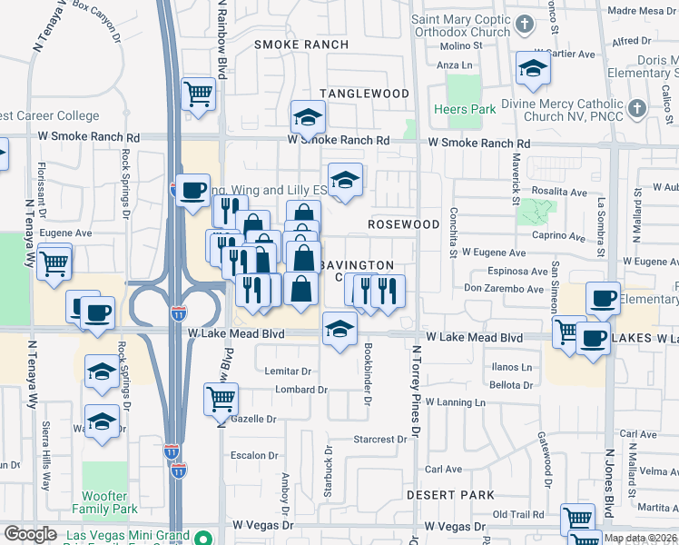 map of restaurants, bars, coffee shops, grocery stores, and more near 2109 Willowbury Drive in Las Vegas