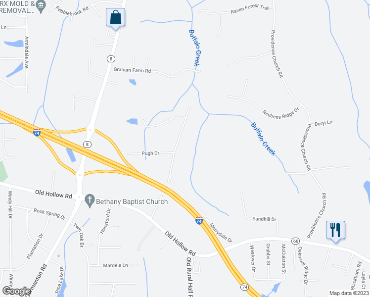 map of restaurants, bars, coffee shops, grocery stores, and more near 5795 Merrydale Drive in Winston-Salem