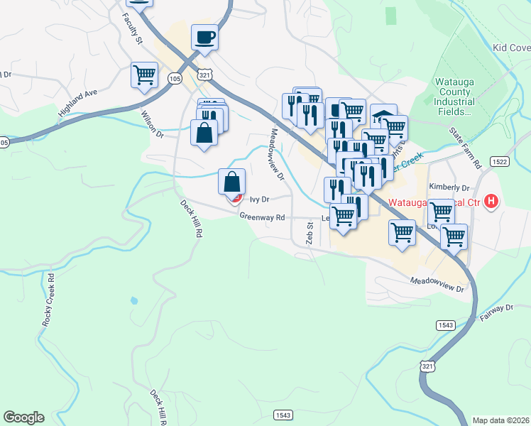map of restaurants, bars, coffee shops, grocery stores, and more near 833 Greenway Road in Boone