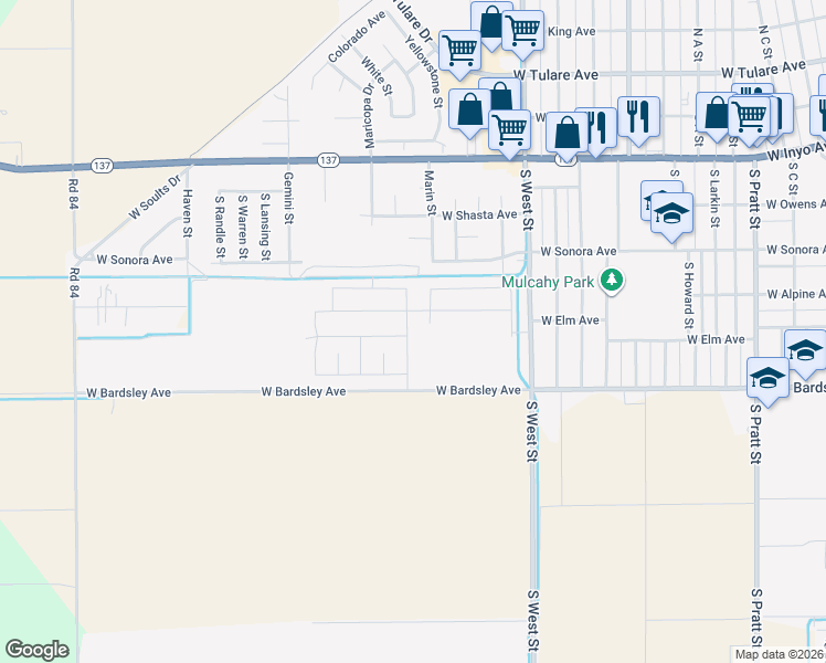 map of restaurants, bars, coffee shops, grocery stores, and more near 1478 West Bardsley Avenue in Tulare