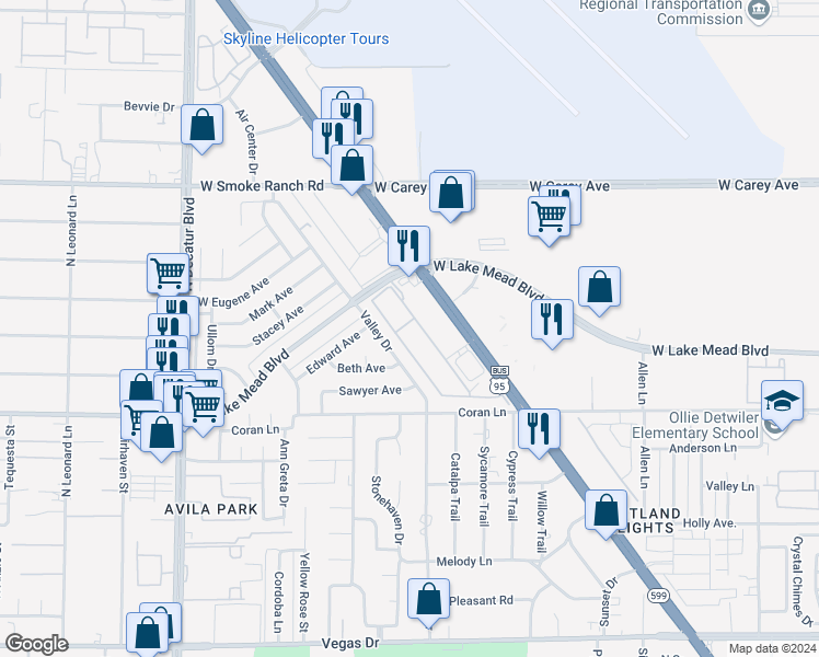 map of restaurants, bars, coffee shops, grocery stores, and more near 2141 Hussium Hills Street in Las Vegas