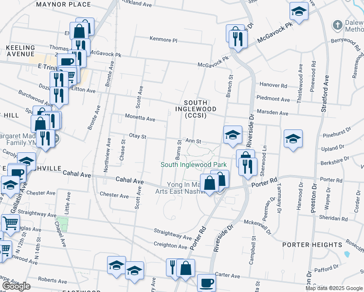 map of restaurants, bars, coffee shops, grocery stores, and more near 2141 Burns Street in Nashville