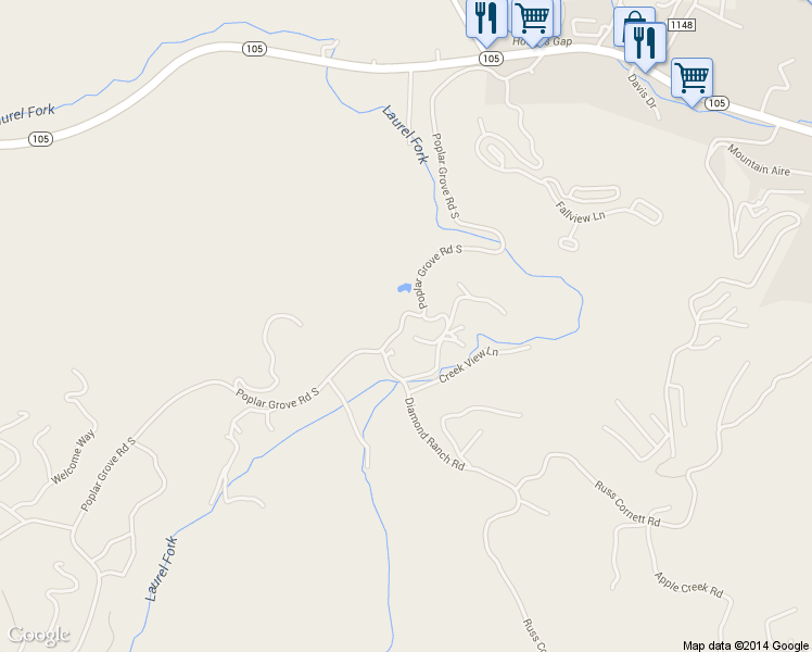 map of restaurants, bars, coffee shops, grocery stores, and more near 1197 Poplar Grove Road South in Boone