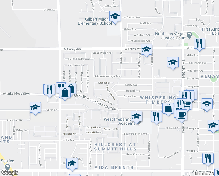 map of restaurants, bars, coffee shops, grocery stores, and more near 2124 Hazel Croft Way in North Las Vegas