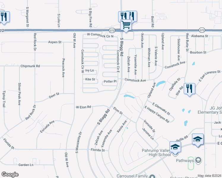 map of restaurants, bars, coffee shops, grocery stores, and more near 60 West Comstock Circle South in Pahrump