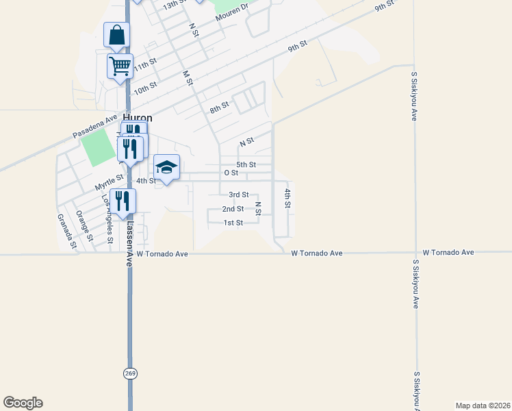 map of restaurants, bars, coffee shops, grocery stores, and more near 16590 2nd Street in Huron