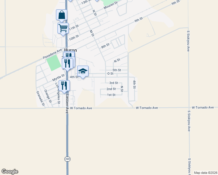 map of restaurants, bars, coffee shops, grocery stores, and more near 16689 2nd Street in Huron