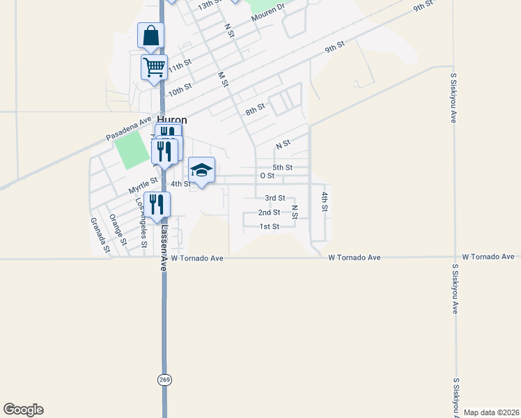 map of restaurants, bars, coffee shops, grocery stores, and more near 16689 2nd Street in Huron