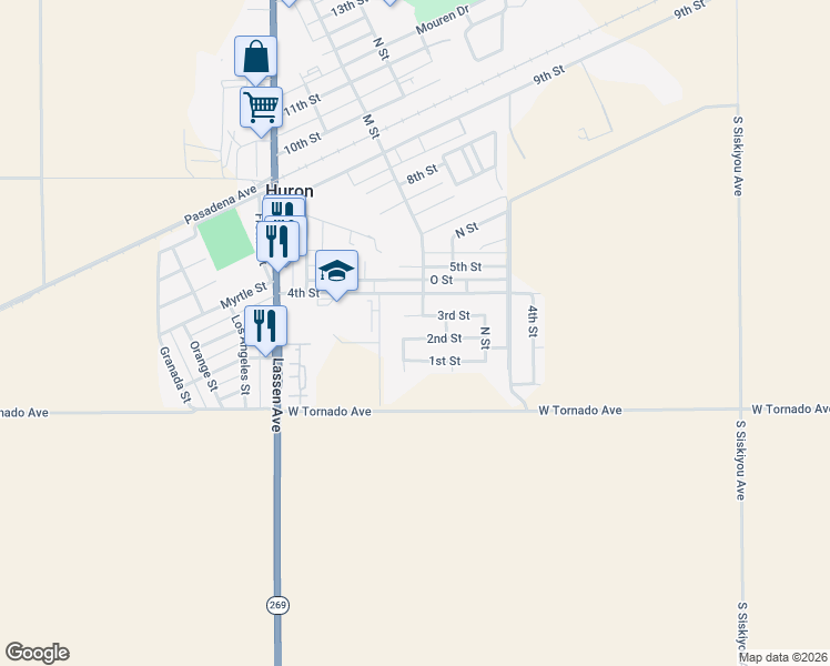 map of restaurants, bars, coffee shops, grocery stores, and more near 16689 2nd Street in Huron