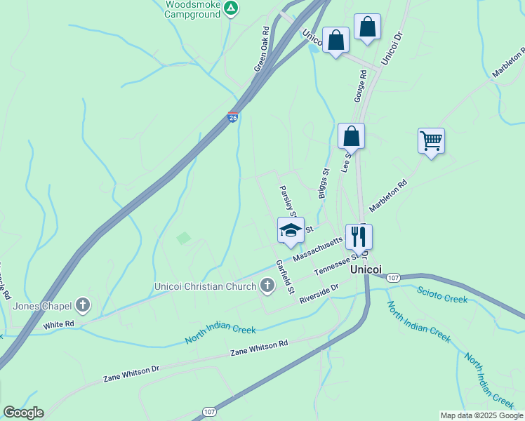 map of restaurants, bars, coffee shops, grocery stores, and more near 131 Mountain View Road in Unicoi
