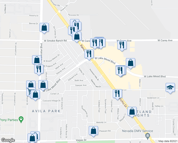 map of restaurants, bars, coffee shops, grocery stores, and more near 2131 Hussium Hills Street in Las Vegas