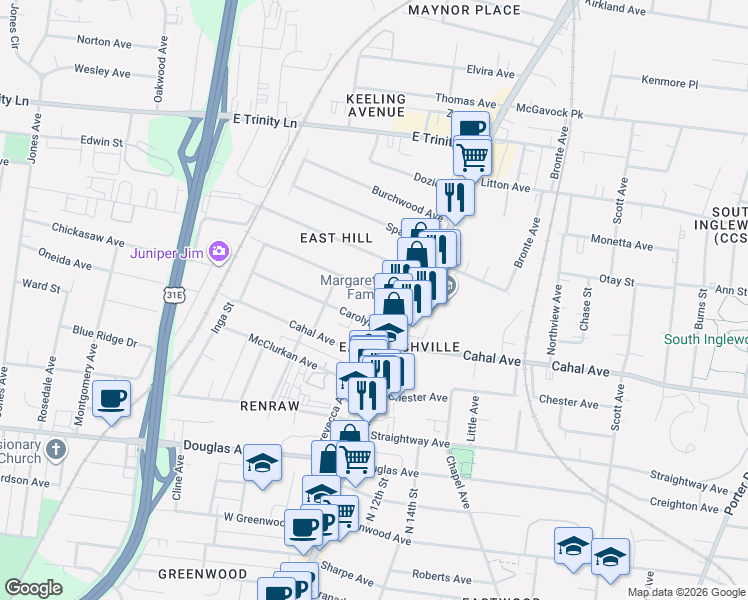 map of restaurants, bars, coffee shops, grocery stores, and more near 1017 Carolyn Avenue in Nashville