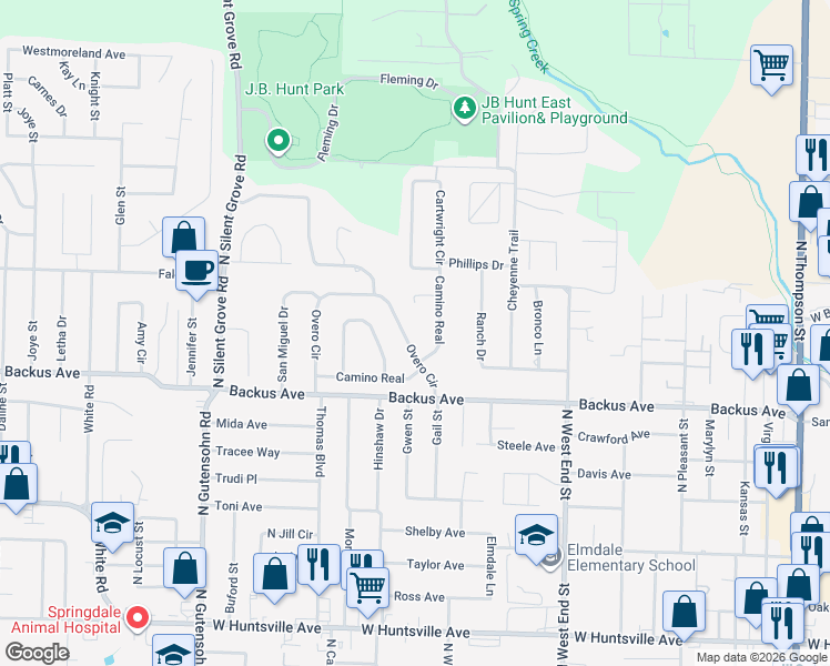 map of restaurants, bars, coffee shops, grocery stores, and more near 1406 Overo Circle in Springdale