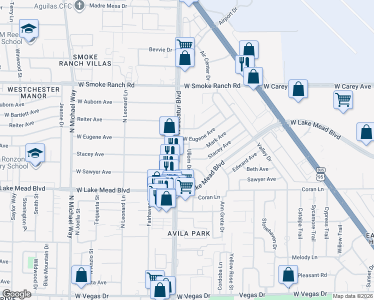 map of restaurants, bars, coffee shops, grocery stores, and more near 2117 Ullom Drive in Las Vegas